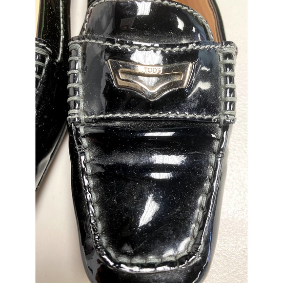 TOD'S Women Black Patent Leather Penny Slip On Loafers Rubber Pebbling Size 7.5 - Picture 4 of 11